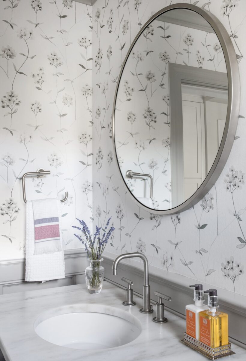 Gray White Floral Powder Room Design